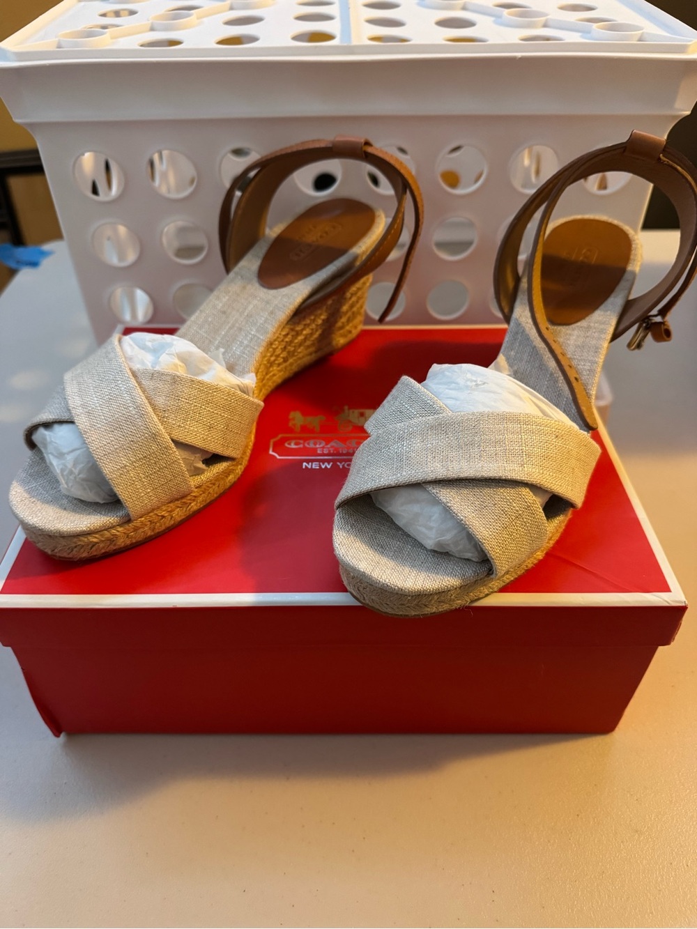 Coach Linen-Style Crisscross Wedge Sandals in Beige with Tan Ankle Strap